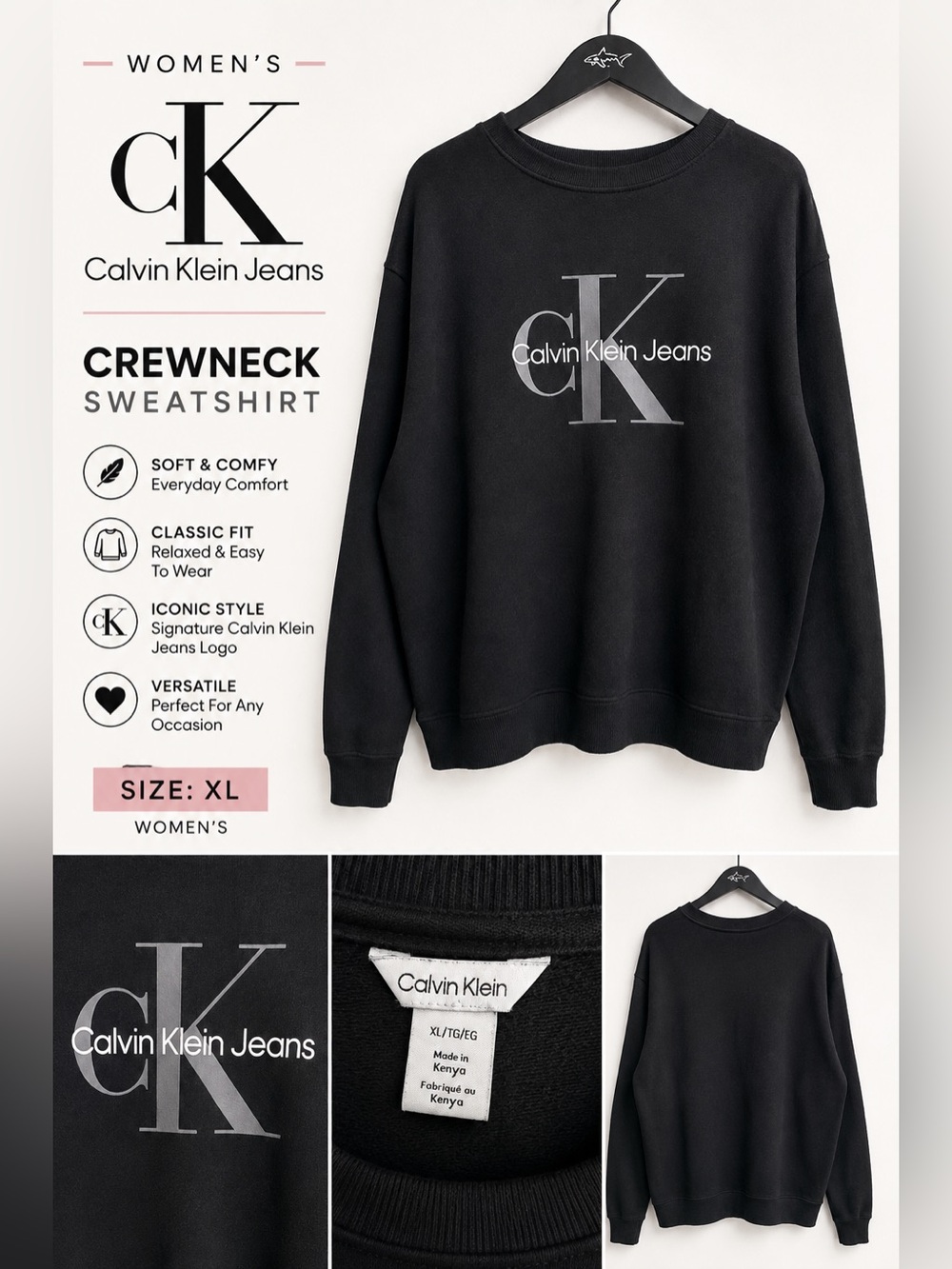 Calvin Klein Jeans Women’s XL Black CK Logo Crewneck Sweatshirt Pullover